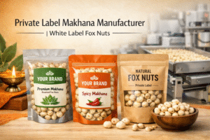 Private label makhana manufacturer showcasing branded and white label fox nuts packaging in a modern production facility