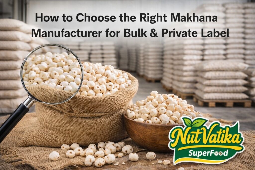 Bulk makhana manufacturing process showing fox nuts in warehouse for private label sourcing