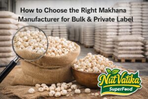 Bulk makhana manufacturing process showing fox nuts in warehouse for private label sourcing