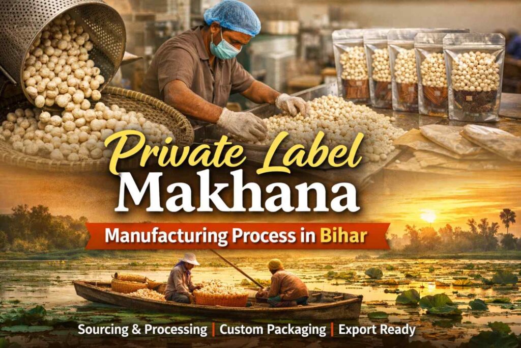 Private label makhana manufacturing process in Bihar showing processing, packaging, and lake harvesting