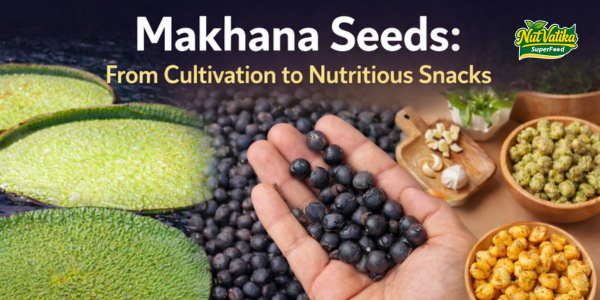 Makhana seeds cultivation to roasted fox nuts snacks process showing lotus plant, raw seeds, and flavored makhana bowls