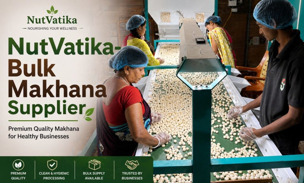 NutVatika bulk makhana supplier with workers sorting premium makhana in a hygienic processing unit