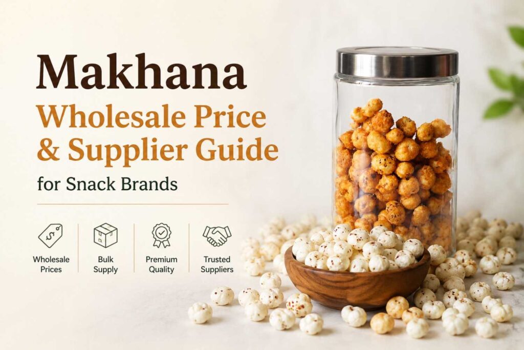 Makhana wholesale price guide banner featuring raw and flavored fox nuts in a glass jar and wooden bowl for bulk snack brands and suppliers.