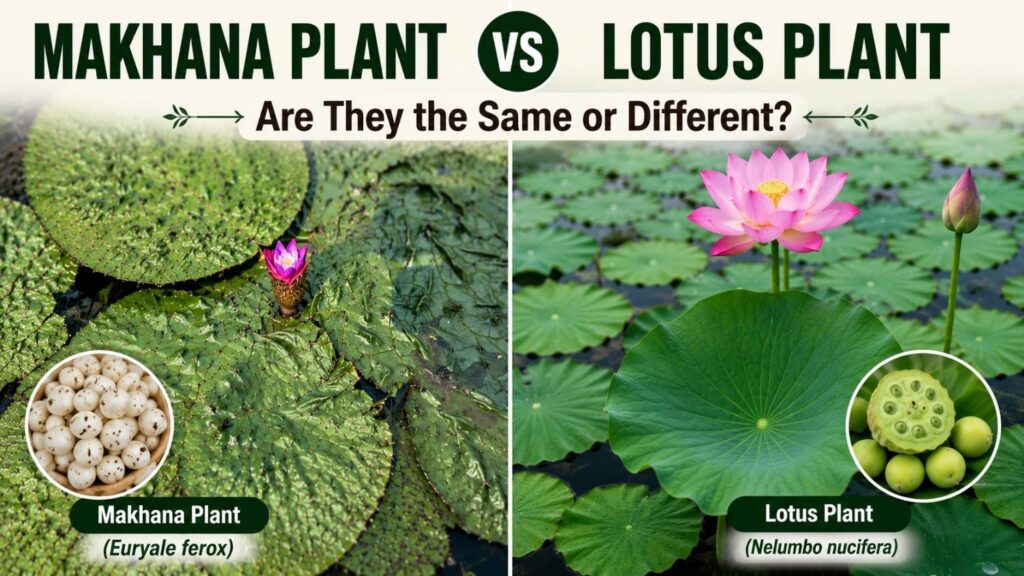 Comparison of makhana plant and lotus plant showing leaf, flower, and seed differences