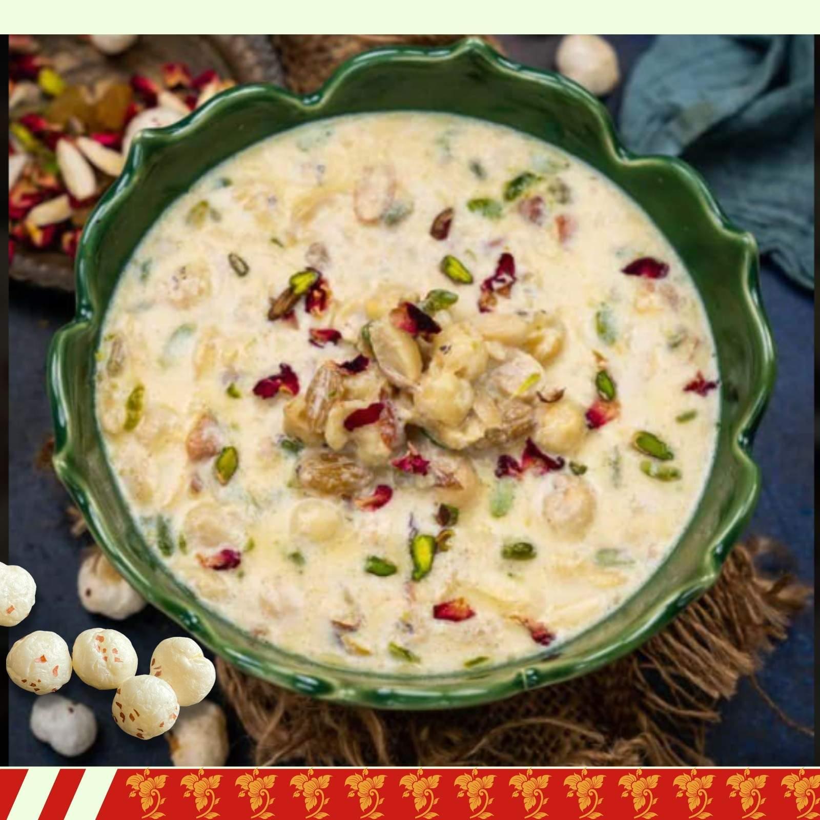 NutVatika Makhana Kheer in a green bowl, garnished with pistachios, raisins, and rose petals – healthy Indian dessert made with fox nuts, milk, and dry fruits.