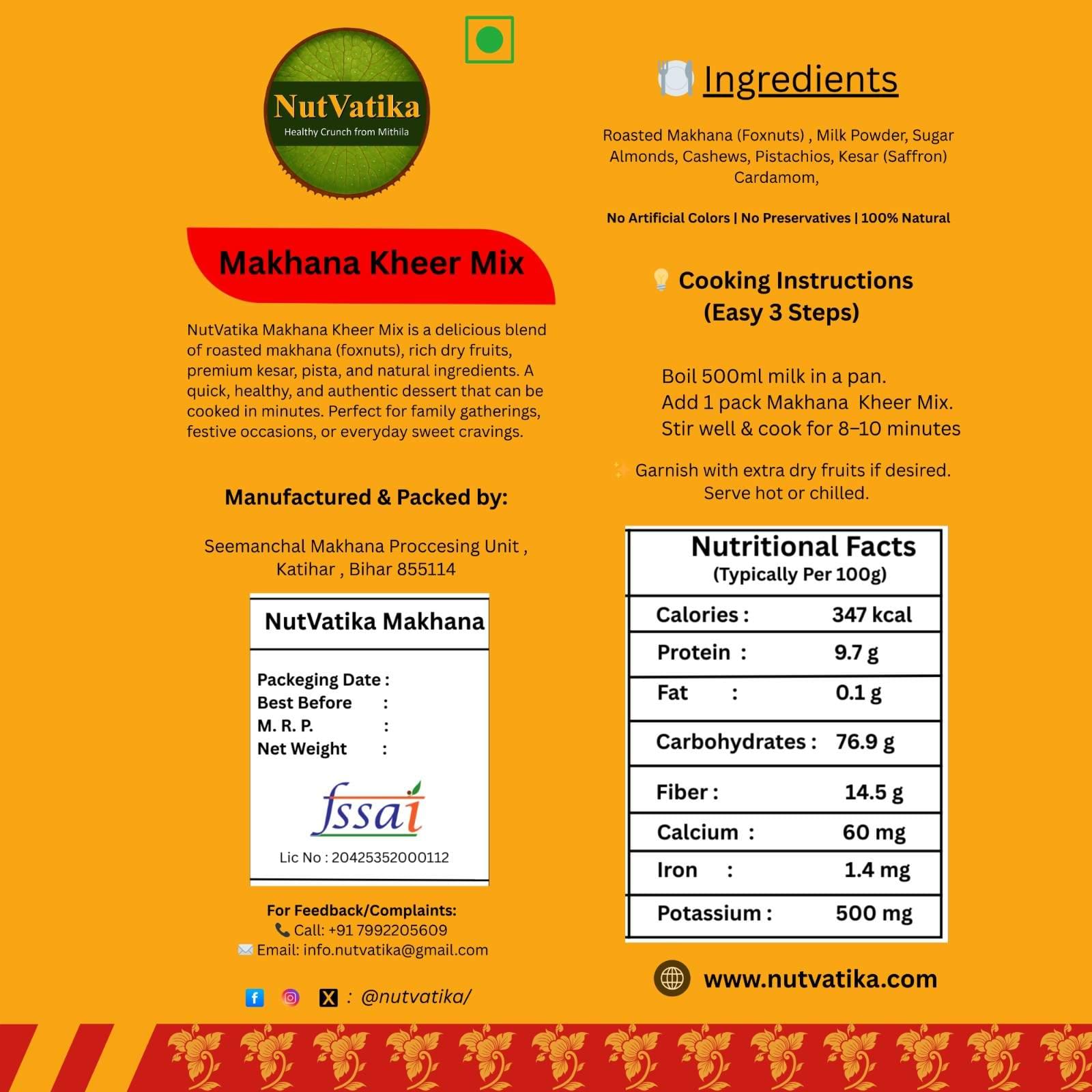 NutVatika Makhana Kheer Mix Back Label – Ingredients, Nutrition Facts & Cooking Instructions